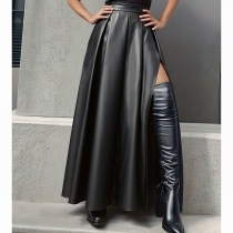 Fashion High-rise Side Slit Artificial Leather PU Maxi Skirt