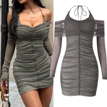 Fashion Bead Halterneck Open-shoulder Long Sleeve Ruched Bodycon Dress