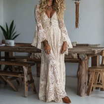 Fashion V-neck Trumpet Long Sleeve High-rise Lace Dress