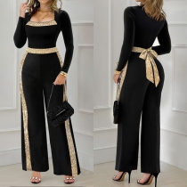 Fashion Gold and Black- Contrast Color Square Neck Long Sleeve High-rise Self-tie Straight-cut Jumpsuit