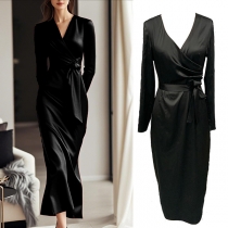 Elegant V-neck Long Sleeve Self-tie Satin Dress