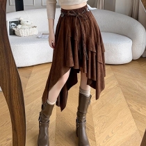Bohemian Women's High Waisted Faux Suede Belt Skirt with Irregular Hem