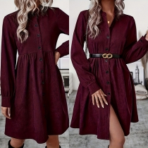 Women's Burgundy Corduroy Shirt Dress - Vintage Stand Collar Button Down Long Sleeve A-Line Dress
