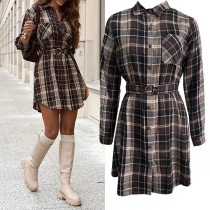 Women's Casual Plaid Button Down Shirt Dress - Long Sleeve Belted Lapel Neck Mini Dress