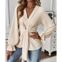 Women's Elegant V-Neck Tie Front Blouse - Bishop Sleeve Ruffle Cuff Textured Top