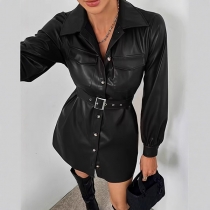 Women's Faux Leather Shirt Dress - Long Sleeve Button Down Lapel Collar Utility Dress with Belt