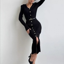 Women's Ribbed Knit Bodycon Midi Dress - V-Neck Long Sleeve Button Front Split Hem Slim Fit Dress