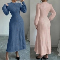 Women’s Crew Neck Ribbed Knit Midi Dress - Long Lantern Sleeve Button Front A-Line Sweater Dress