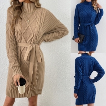 Elegant High Neck Cable Knit Dress- Long Sleeve Belted Slim Fit Pullover Sweater Dress