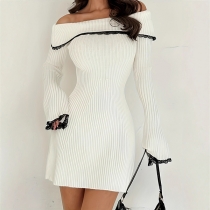 Women’s Off-the-Shoulder Ribbed Knit Sweater Dress - Contrast Lace Trim Fold-Over Neck Long Flared Sleeve Bodycon Mini