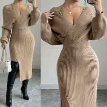 Women’s Cold Shoulder Ribbed Knit Sweater Dress - Sexy Lace Strap V-Neck Bodycon Midi with Side Slit