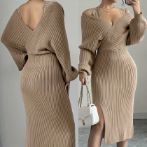 Women’s Cold Shoulder Ribbed Knit Sweater Dress - Sexy Lace Strap V-Neck Bodycon Midi with Side Slit
