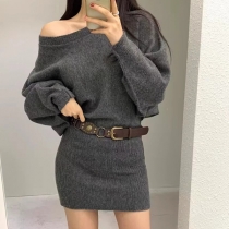Women's Asymmetric Slant Neckline Sweater Dress - Long Sleeve Batwing Bodycon with Belt