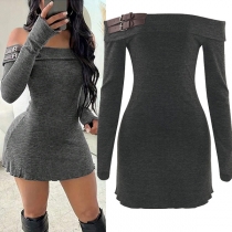 Women's Sexy Off Shoulder Bodycon Knit Mini Dress - Long Sleeve Fold-Over Neckline with Asymmetric Double Buckle Straps