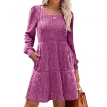 Square Neck Ribbed Mini Dress - Long Sleeve A-line with Pockets