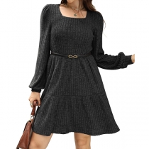 Square Neck Ribbed Mini Dress - Long Sleeve A-line with Pockets