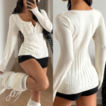 Sexy Square Neck Cable Knit Sweater - Slim Fit Button Front Long Sleeve Pullover Top