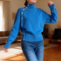 Fashion Turtleneck Long Sleeve Side Button Decoration Knitted Sweater