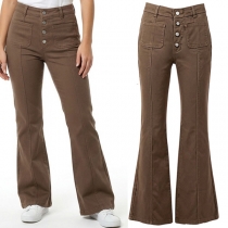 Y2K / 70s Style Brown/Black Flare Jeans with Retro Patch Pockets & Exposed Buttons