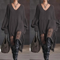 Fashion V-neck Batwing Long Sleeve Lace Spliced Hemline Knitted Sweater Dress