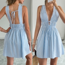 Sexy Deep V-Neck Striped Mini Dress - Tie Front Backless Summer Beach Sundress with Pom Pom Trim