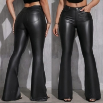 Black Faux Leather Flare Pants - High Rise PU Bell Bottoms - Y2K Vintage Style Trousers
