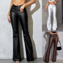 Women's High Waisted Faux Leather Flare Pants - Stretchy PU Bell Bottom Trousers - Slim Fit Bootcut Leggings