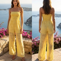 Lemon Yellow Floral Lace Jumpsuit - Strapless Smocked Bodice & Wide Leg - Summer Beach Outfit