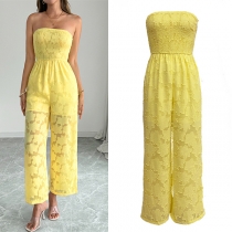 Lemon Yellow Floral Lace Jumpsuit - Strapless Smocked Bodice & Wide Leg - Summer Beach Outfit