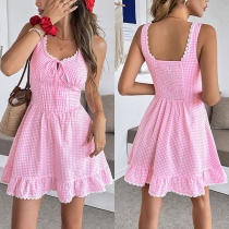 Coquette Pink Plaid Summer Dress - Sweetheart Neckline with Lace Trim, Bow Detail and Ruffle Hemline
