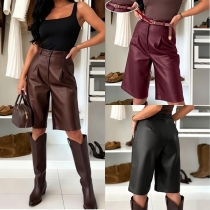 Fashion High-Waisted Faux Leather Bermuda Shorts - Pleated PU Knee-Length (Belt Not Included)