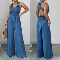 Elegant O-Ring Jumpsuit with V-neck, Tie-Back Bow & High Waist