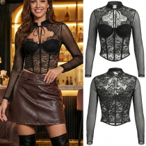 Women's Floral Lace Corset Top with Sheer Mesh Sleeves and Keyhole Tie