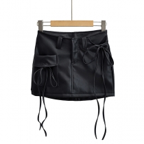 Women's Low Rise Faux Leather Cargo Mini Skirt with Strappy Tie Details with Inner Shorts