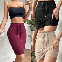 Women's Casual Sporty High-Waisted Skort- Elastic Waist Drawstring Mini Skirt with Safety Shorts