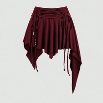 Boho Fairycore Skirt - Handkerchief Hem Ruched Mini with Drawstring Beaded Strings