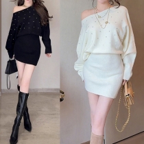 Women's Off-Shoulder Sweater Dress - Rhinestone Embellished Batwing Sleeve Mini Dress with Ribbed Bodycon Skirt