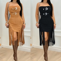 Women's Strapless Faux Suede Fringe Dress - Western Style Bodycon Mini with Double Buckle Detail