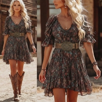 Women's Boho Dark Floral Mini Dress - V-Neck and Ruffled Puff Sleeves