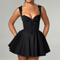 Goth Coquette Bustier Dress - Black Lace Patchwork Mini with Bow Detail (Y2K / Grunge)
