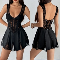 Goth Coquette Bustier Dress - Black Lace Patchwork Mini with Bow Detail (Y2K / Grunge)