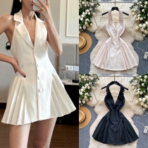 Old Money Halter Blazer Dress - Pleated Vest Dress with Collar