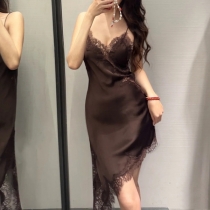 Women's  Y2K Fairy Grunge Satin Slip Dress - Asymmetrical Hem with Eyelash Lace Inset & Spaghetti Straps