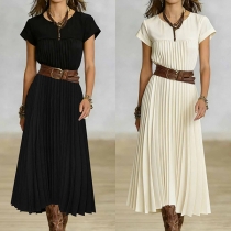 Boho Midi Dress - Accordion Pleated T-Shirt Dress with Cap Sleeves and Side Pockets