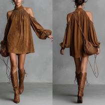 Women's Mock Neck Cold-shoulder Lataerm Long Sleeve Faux Sudue Mini Dress