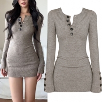 Soft Knit Button-Front Mini Dress - Long Sleeve Bodycon with Button Cuffs