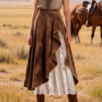 Women's Western Faux Suede Midi Skirt - High Waist Lace Patchwork with Ruffle Hem