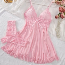 Sexy V-neck Ruffle Hemline Lace Spliced Two-piece Nightwear Slipdress