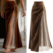Women's Brown Velvet Maxi Skirt - High Split with Sheer Mesh Insert & Pearl Detail