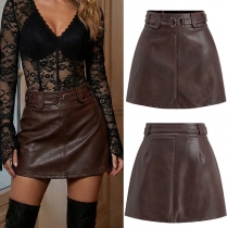 Vintage Leatherette Skirt - Interlocking Metal Clasp Detail